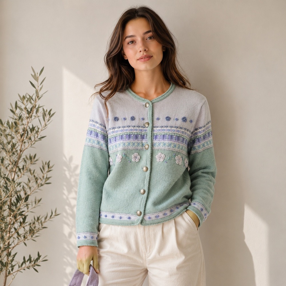 Vintage 1980s Tally-Ho Womens PM Wool Cardigan Teal Blue Floral Hong Kong